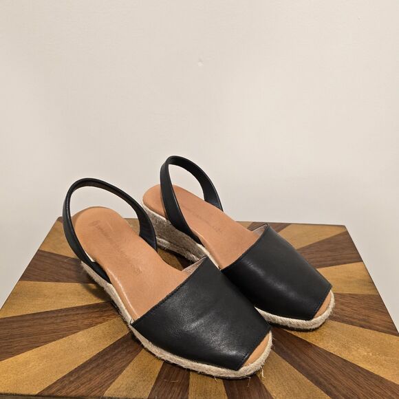 Spanish Sandal Co Wedge Espadrille Sandals EU 38 Black Summer 100% Leather Spain - Picture 2 of 13